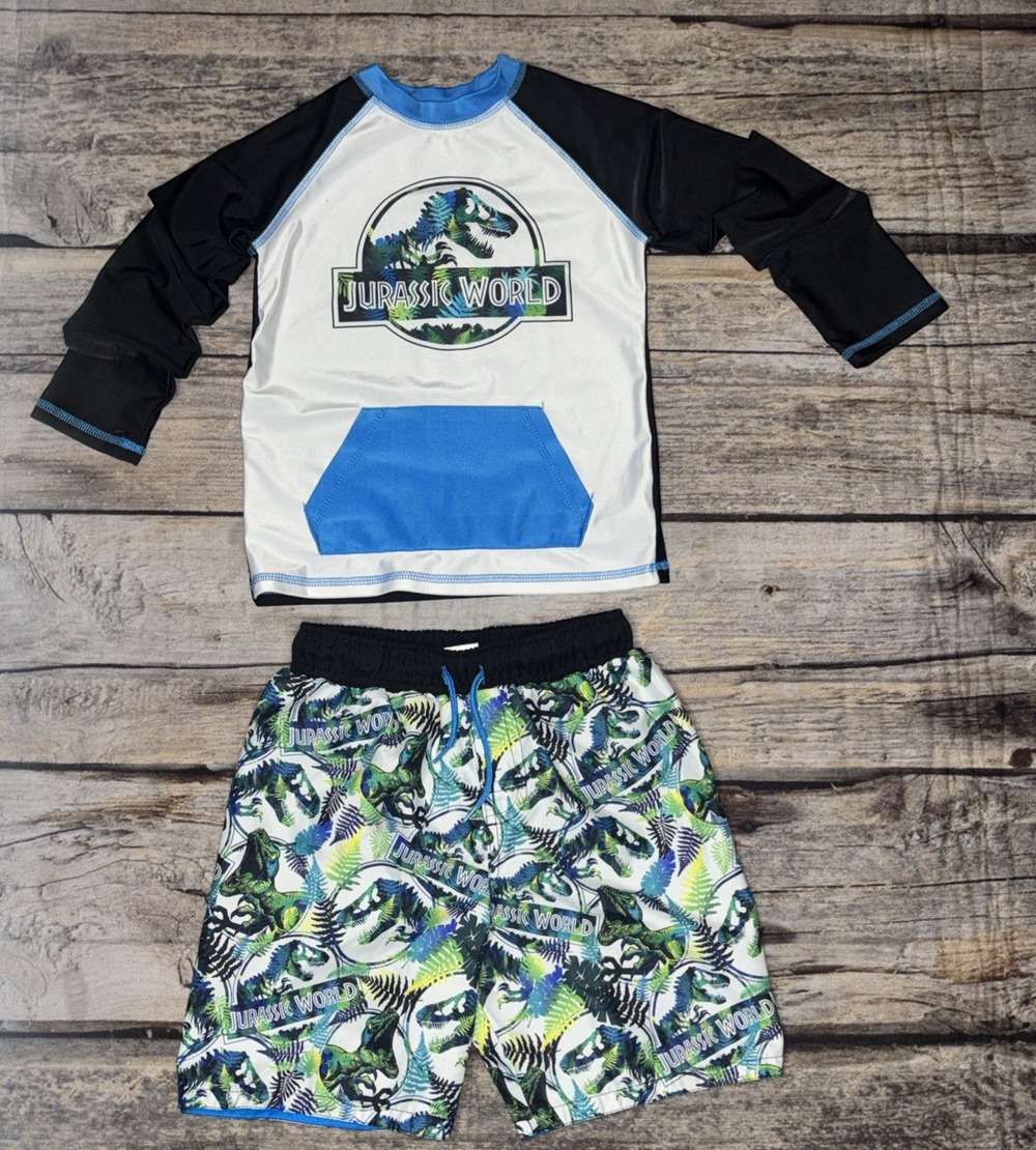 Boys Jurassic World Dinosaur Rash Guard Swim Trunks Outfit Set Blue size 5T